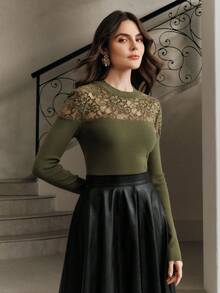 Anewsta 优雅修身蕾丝拼接镂空高领绿色女式毛衣，秋冬款 - 橄欖綠 - 查看 6