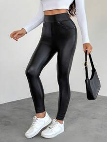 SHEIN Tall Solid PU Leather Bodycon Black Leggings - Black - View 3