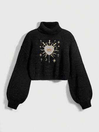 Goth Gotischer Palast-Stil Damen Rollkragenpullover mit Herz, Edelstein, Kristall-Tränen- und Stern-Stickerei Dekor