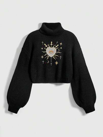 Pull col montant style palais gothique pour femmes avec décoration brodée de cœur, gemme, larme de cristal et étoile