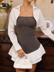 Glamine Charm Set de 2 piezas de top bandeau y camisa de manga larga corta de color contrastante casual y sexy para vacaciones, primavera/otoño - Multicolor - Ver 1
