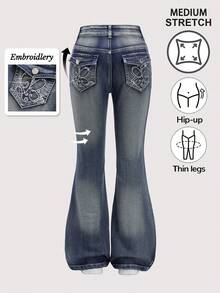 Quần jeans ống loe đính đá hình bướm thêu màu xanh đậm cho bé gái tuổi mới lớn, thích hợp mặc đi học, mặc hàng ngày, du lịch, nghỉ dưỡng, tiệc tùng và chụp ảnh - Rửa tối - Xem 1