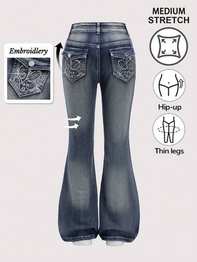 Quần jeans ống loe đính đá hình bướm thêu màu xanh đậm cho bé gái tuổi mới lớn, thích hợp mặc đi học, mặc hàng ngày, du lịch, nghỉ dưỡng, tiệc tùng và chụp ảnh