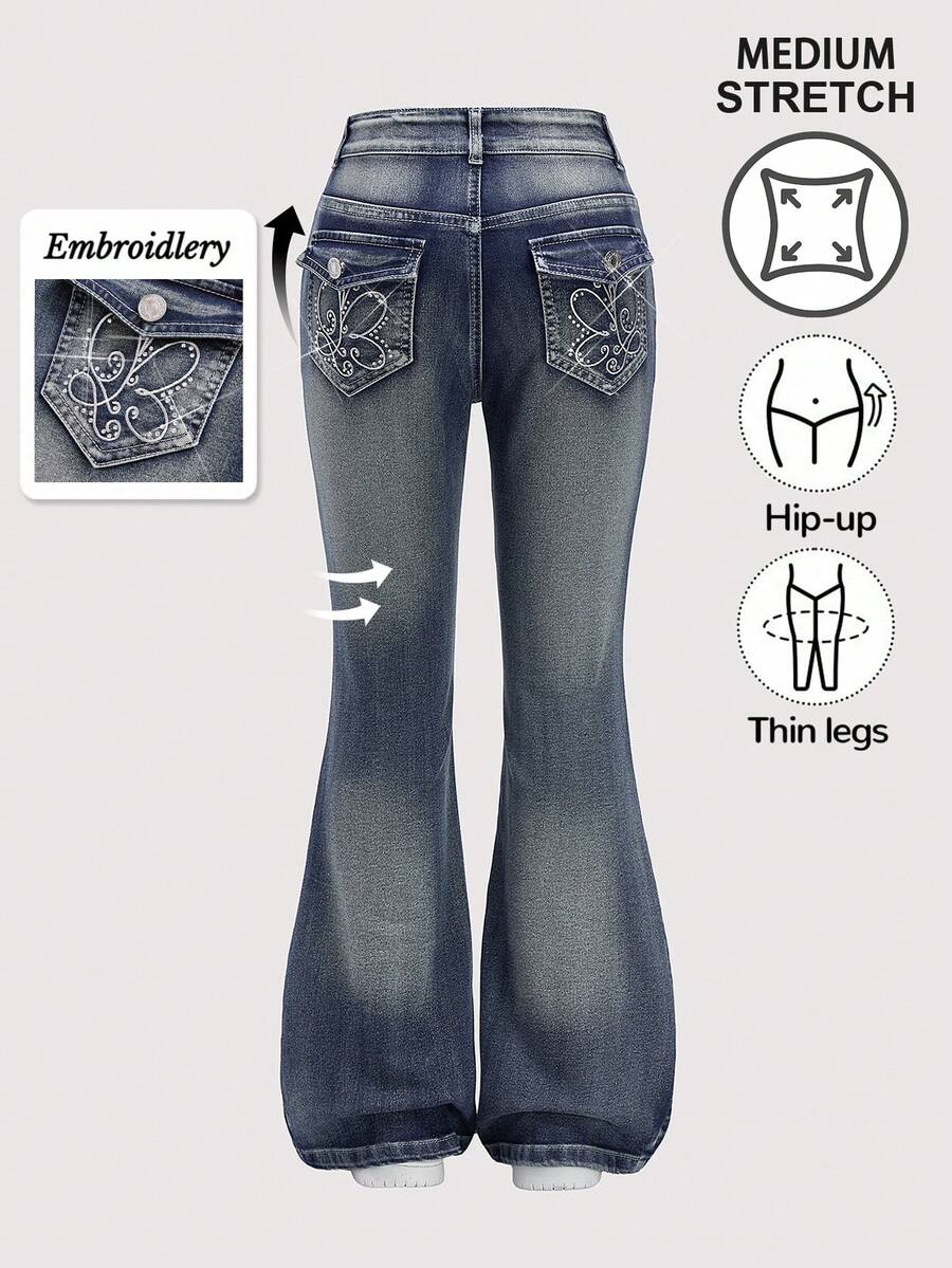Quần jeans ống loe đính đá hình bướm thêu màu xanh đậm cho bé gái tuổi mới lớn, thích hợp mặc đi học, mặc hàng ngày, du lịch, nghỉ dưỡng, tiệc tùng và chụp ảnh - Rửa tối - Xem 1
