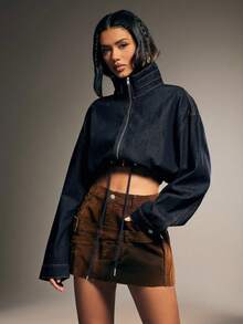 Denimoi 松紧腰带开关高领前拉链短款牛仔夹克