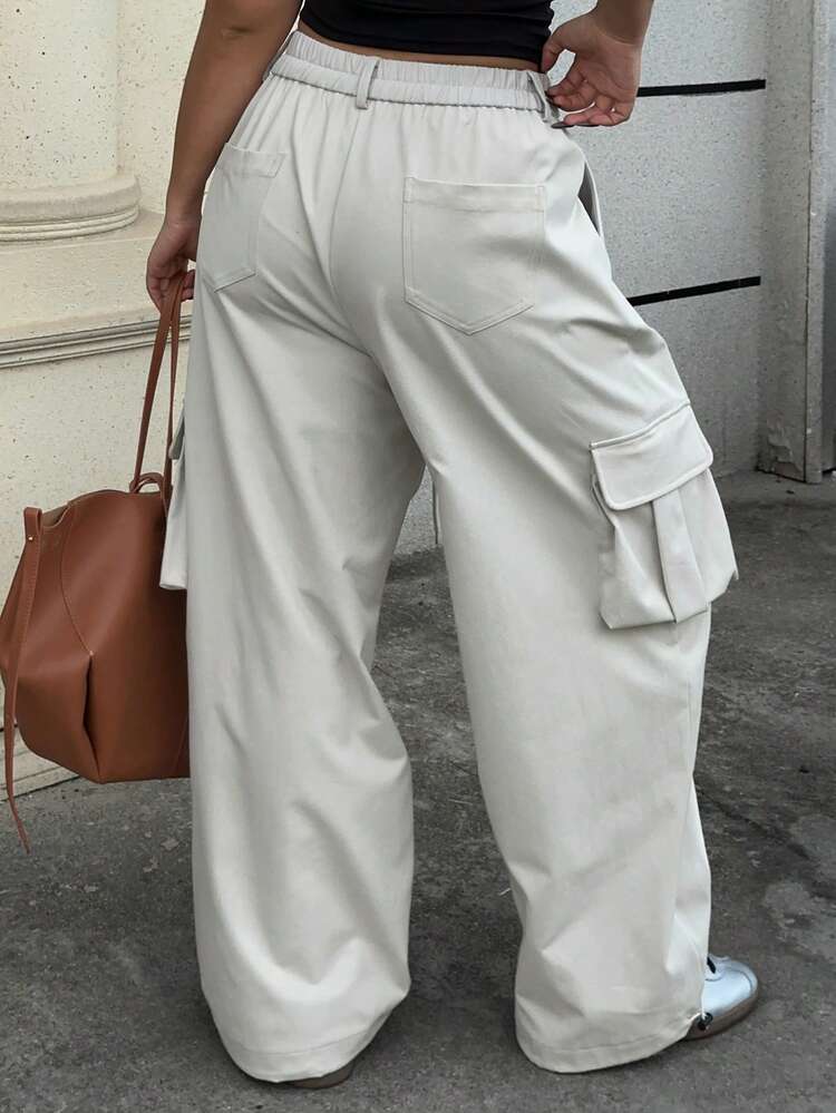 Dazy Plus Plus Size Women Solid Color Street Style Waist Tie Side Pocket Cargo Pants, Loose Fit Long Casual Trousers, All Season