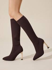 CUCCOO BASICS Damen Kaffeefarben Spitze Stiletto High Heel Elastisch Gestrickt Atmungsaktiv Schlank Bein Overknee Stiefel, Schwarz