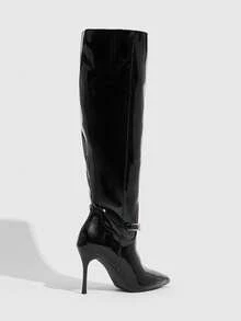 CUCCOO SZL 女士高跟长靴，尖头细跟时尚靴，侧拉链漆皮优雅百搭修身过膝长靴，秋冬款 - 黑色 - 查看 4