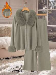 Linhara Plus Size Casual Solid Color Fuzzy Patchwork Cardigan & Knit Pants Set, Autumn/Winter - Mint Green - View 1