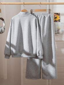 2 peças/Conjunto Moda Jovem Feminina, Top Polo de Manga Longa com Gola Levantada e Zíper, e Calça Perna Larga com Estampa de Letra, Adequado para Uso Diário, Escola, Compras, Esportes e Mais