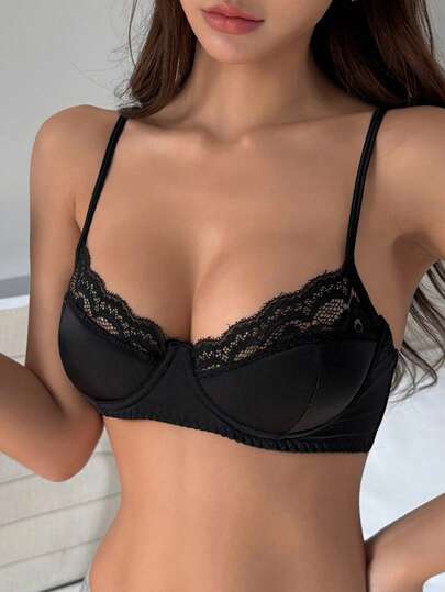 DAZY Lace Gather Cup Sexy Lace Patchwork Women's Bra, Black Lingerie For Women