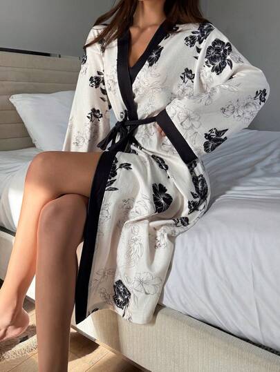 DAZY 花卉印花撞色拼接长款女式睡袍