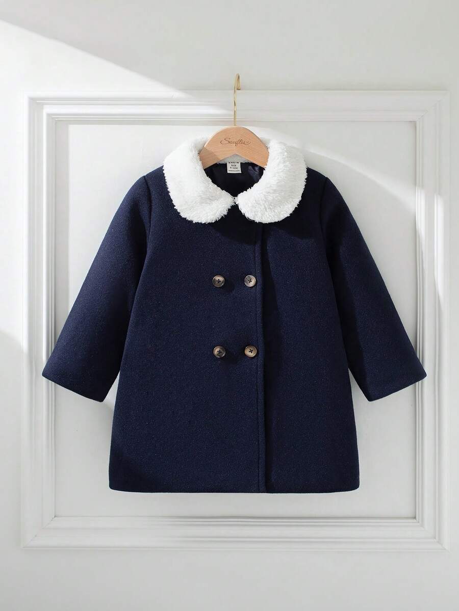 Souflis Young Boy Outfits Winter Outwear For Boy Elegant Casual Style Coat Outing, Long Sleeve Fleece Collar Thicker And Warmer Button Jacket