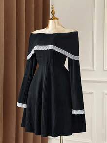 SHEIN LUNE Plus Size Off Shoulder Knitted Ribbed Contrast Lace Dress - Black - View 8