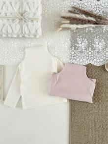 SHEIN 2件套女婴秋冬服装，返校季，适合6个月至3岁宝宝，杏色和粉色休闲简约弹力高领长袖上衣，舒适柔软，适合春、秋、冬季外出和居家穿着，可作为礼物。