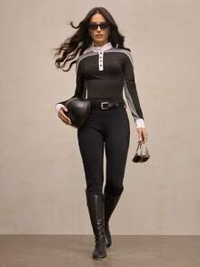 Activina Women's Contrast Button Half-Placket Long Sleeve Equestrian Top Equestrian Clothing Horseback Riding Outfit Women's Polo Sport Shirts For Women Equestrian Tops For Women - Black and White - View 5