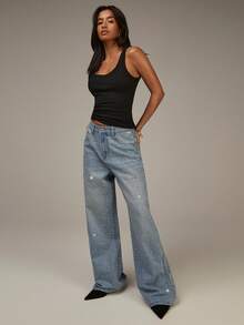 Athîral 女士水钻装饰口袋直筒宽松休闲牛仔裤 - 藍色 - 查看 5