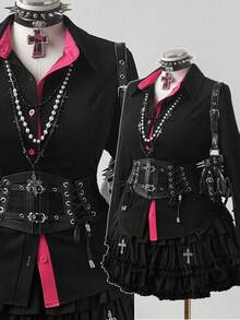 Sunspun Áo sơ mi dài tay dáng ôm màu tương phản cổ và tay áo cỡ lớn - Nhiều màu - Xem 1