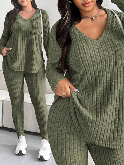 Vionelle Plus Size Women Casual Textured Striped V-Neck T-Shirt And Pants Set