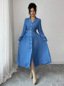 Elenzga Women's New Design Waist Cinching Long Sleeve Slimming Elegant Dress - Blue - View 3