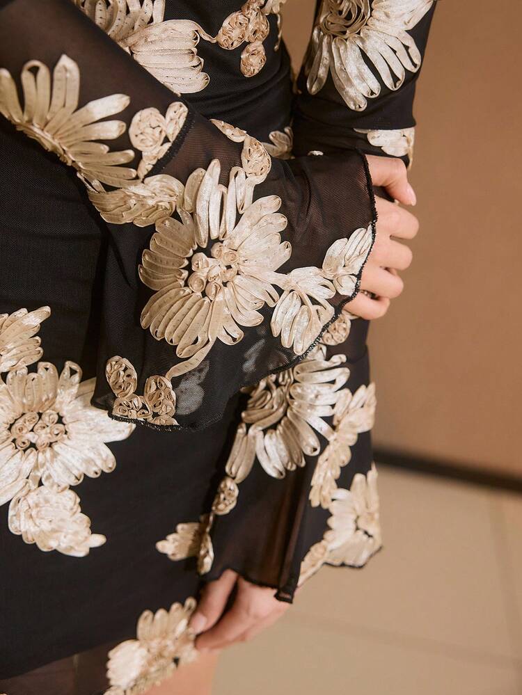 FLORAL PATTERN SHEER MESH FLARE SLEEVE SLIM FIT SHORT DRESS