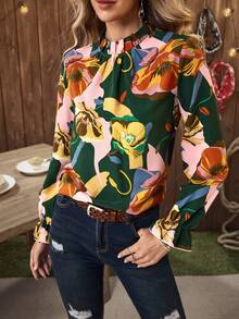 Women's Colorful Printed Casual Long Sleeve Shirt - Green - View 4