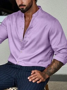 Manfinity Homme 男士纯色单排扣休闲/商务长袖衬衫 - 淡紫色 - 查看 4