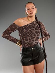 Normani Women's Fashion Leopard Print Mesh Sheer Shoulder Long Sleeve Bodysuit - Coffee Brown - View 4