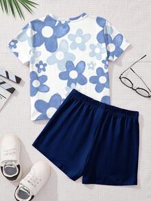 SHEIN Leap Crew Kawaii可愛卡通藍色兔子Lulu & Stitch圖案，藍色漸層花卉，青少年女孩休閒極簡短袖上衣與短褲2件套，適合夏季、戶外野餐、外出、街頭風、校園 - 彩色 - 查看 3