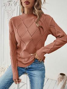 SHEIN LUNE Casual Versatile Solid Color Diamond Pattern Knit Sweater, Autumn/Winter - Redwood - View 3