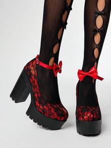 ROMWE Women's Sexy Lace Floral Platform High Heel Pumps, Fashionable Red Bow Ankle Strap Decor, Thick Waterproof Chunky Heel Mary Jane Shoes For Nightclub Party For Christmas - Red - View 1