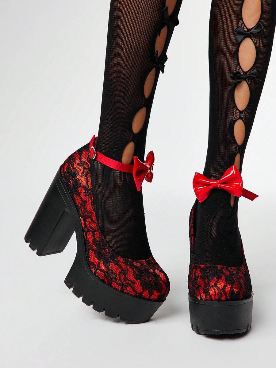 ROMWE Women's Sexy Lace Floral Platform High Heel Pumps, Fashionable Red Bow Ankle Strap Decor, Thick Waterproof Chunky Heel Mary Jane Shoes For Nightclub Party For Christmas - Red - View 1
