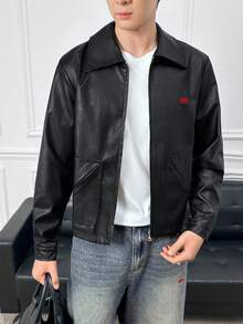 Manfinity BRENVOR Men's PU Leather Long Sleeve Zip Front Casual Jacket - Black - View 5
