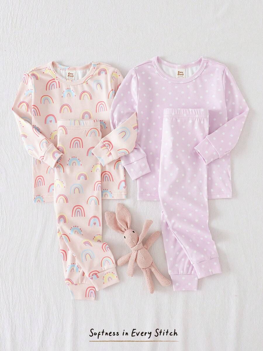 Cozy Pixies 女婴四件套舒适睡衣套装 - 波尔卡圆点、彩虹、心形印花、长袖上衣、松紧腰裤 - 淡紫色 - 查看 1