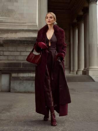 Anewsta Damvinröd fuskpälslappverkande medellång slim fit, elegant formande PU-läderkappa, lämplig för vinter, jul och nyårsfester