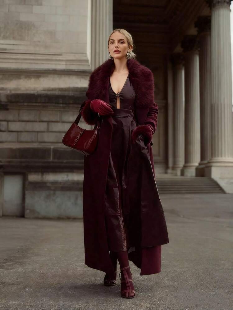 Abrigo elegante de cuero sintético con forma ajustada, parches de piel sintética burdeos y longitud media, adecuado para invierno, Navidad y fiestas de Año Nuevo