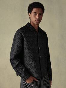 SWAVVY Áo sơ mi nam thường ngày tay dài, cài khuy đơn bằng vải Jacquard - màu đen - Xem 5