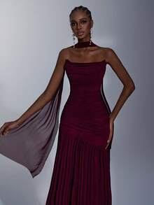 Elitara 优雅酒红色简约高弹力网眼露肩褶皱腰 A 字连衣裙，适合约会、单身派对、婚礼、正式活动