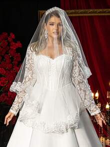 Glamrae Plus Size Elegant Romantic White Palace Sweetheart Neck Long Sleeve Sheer Waist Boned Decor French Lace Patchwork A-Line Wedding Dress (Heavily Embellished Design), Valentine's Day - White - View 4