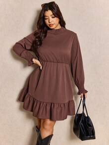 Elaquor 大码女式纯色荷叶领长袖荷叶边下摆休闲连衣裙 - 棕色 - 查看 6