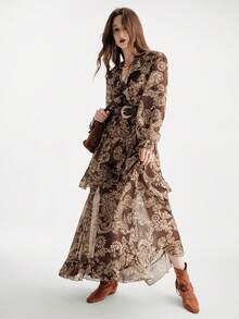 Aveloria Modichic Vestido de manga larga con cuello de volantes, cinturón de cintura y estampado de flores de anacardo arrugado de gasa vintage, otoño - Multicolor - Ver 1