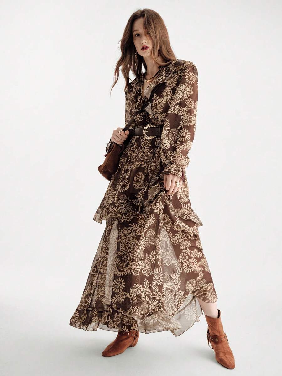 Aveloria Modichic Vestido de manga larga con cuello de volantes, cinturón de cintura y estampado de flores de anacardo arrugado de gasa vintage, otoño - Multicolor - Ver 1