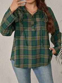 Rusticease 大码女装秋冬/初春休闲时尚度假乡村风绿色格子连帽衫，秋冬季，秋季，绿色格子衬衫，长袖格子上衣，连帽格子套头衫，外出，2026新款，简约时尚，适合日常穿着，初春，度假女装，节日女装，春季女装，情人节，女士情人节礼物，复古衬衫，乡村衬衫，格子纽扣衬衫 - 綠色 - 查看 5