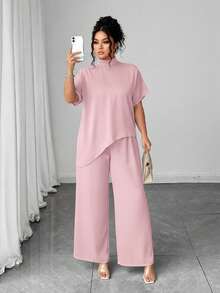 Elenzga Bộ 2 món áo cổ lọ tay ngắn viền bất đối xứng thời trang thường ngày cỡ lớn cho nữ + quần ống rộng trơn - Bụi hồng - Xem 1
