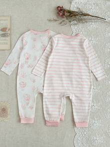 SHEIN 2pcs/Set Baby Girls' Romper Outfits, Stripe Pattern Minimalist & Hot Air Balloon Print Adorable, Suitable For Home & Outings, Soft & Comfortable Fabric, Snap Front Closure Long Sleeve Design, Cuff Trim Casual Cute, Spring/Autumn