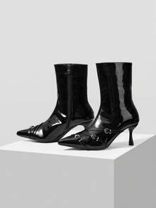 Mnmlis Eleganti stivaletti alla caviglia con tacco a rocchetto alla francese, fibbia alla moda, cerniera laterale e punta affusolata