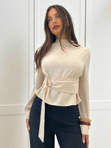 Siren Gaze Women's Solid Color Mandarin Collar Metal Button Decor Office Shirt, Slim Fit Long Sleeve Blouse For Everyday Wear Winter Elegant Spring