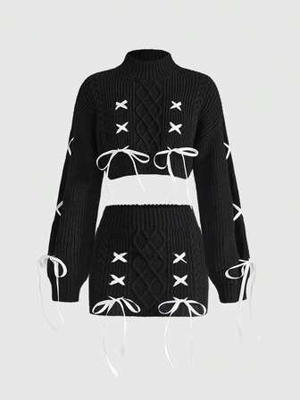 Set di 2 pezzi da donna in stile Y2K con maglione lavorato a maglia e cinturino a fiocco