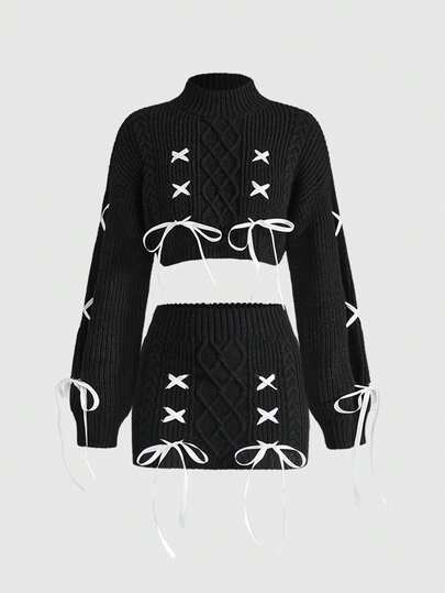 Ensemble de 2 pièces pull femme avec nœud papillon style Y2K, tricot épais