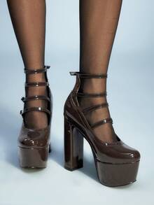 Sugerpunk Women's Elegant Commuter Waterproof Platform Thick High Heel Pumps Valentine's Day - Brown - View 4